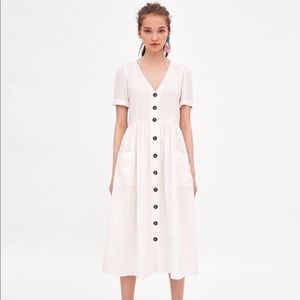 Zara Linen White Buttoned Midi Dress with Pockets